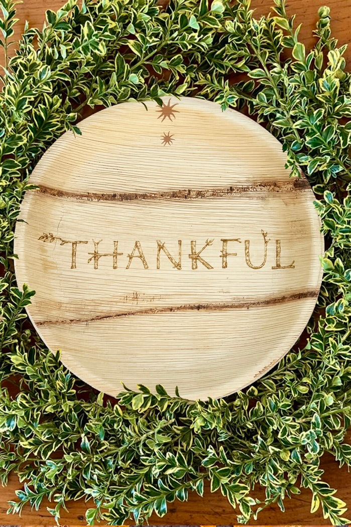 maaterra palm leaf compostable plate with Thankful Design