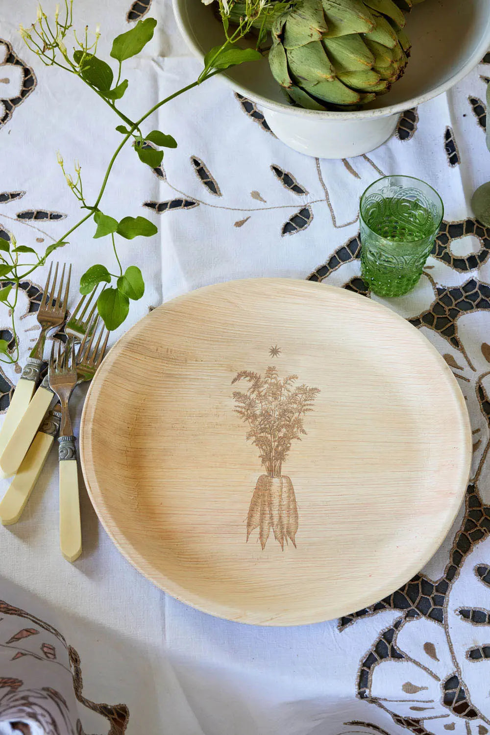 maaterra compostable palm leaf plate with farm carrots design.