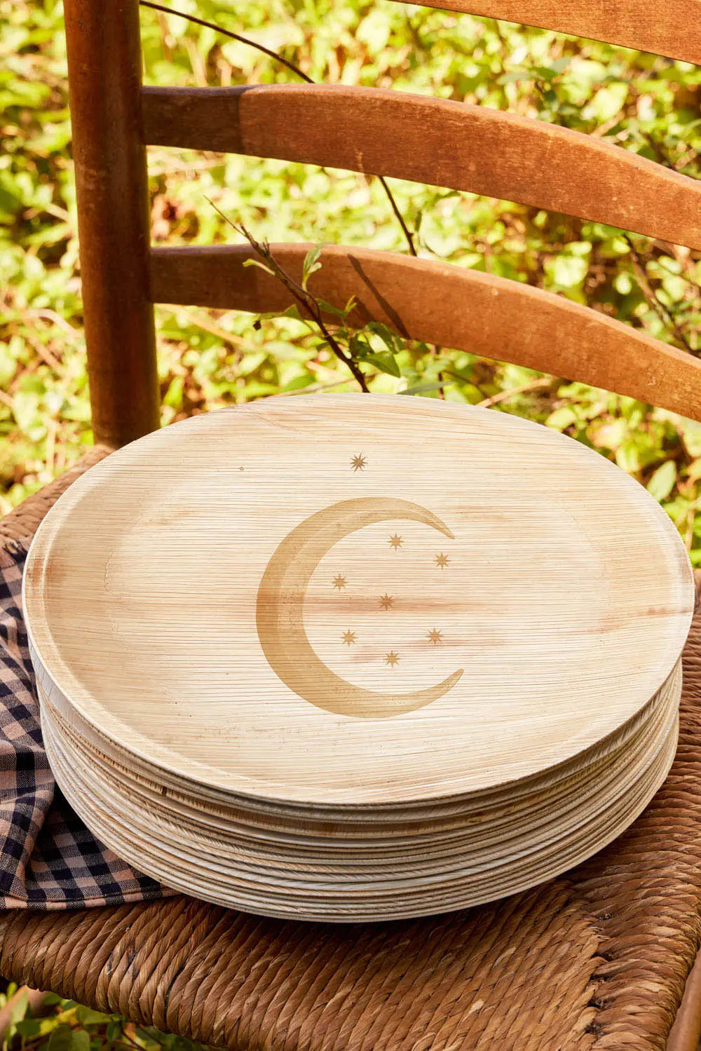 maaterra compostable palm leaf plate with moon & stars design.