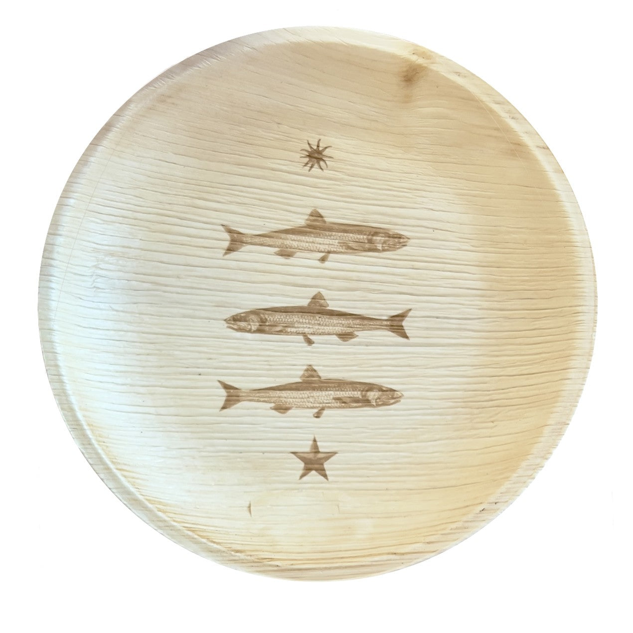 maaterra compostable palm leaf plate with stacked fish design.