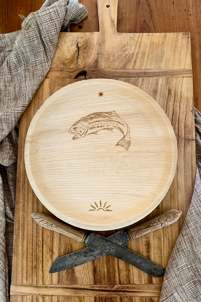 maaterra compostable cups with trout design featured on a bread board