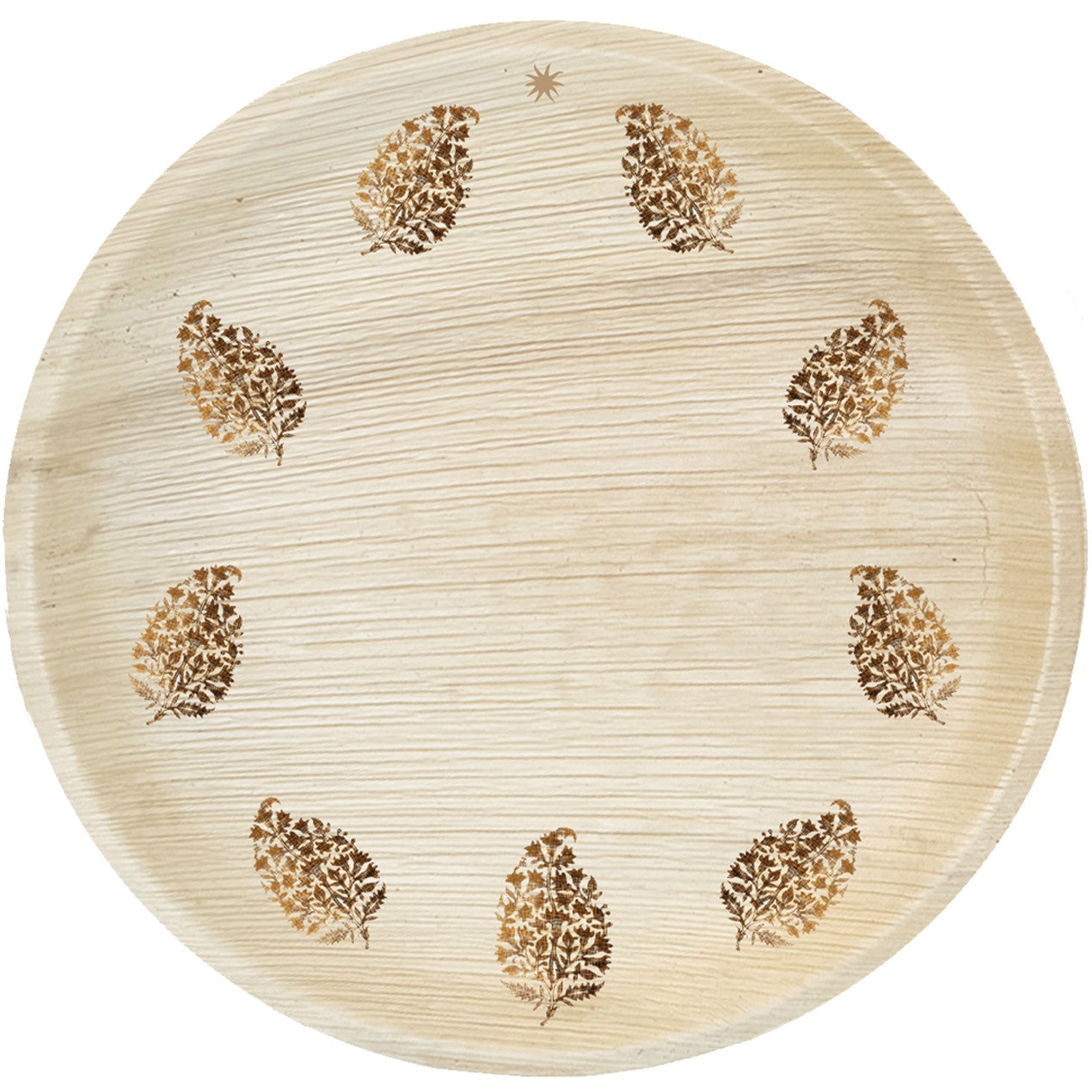 maaterra compostable palm leaf plate with block print wreath design on a white background
