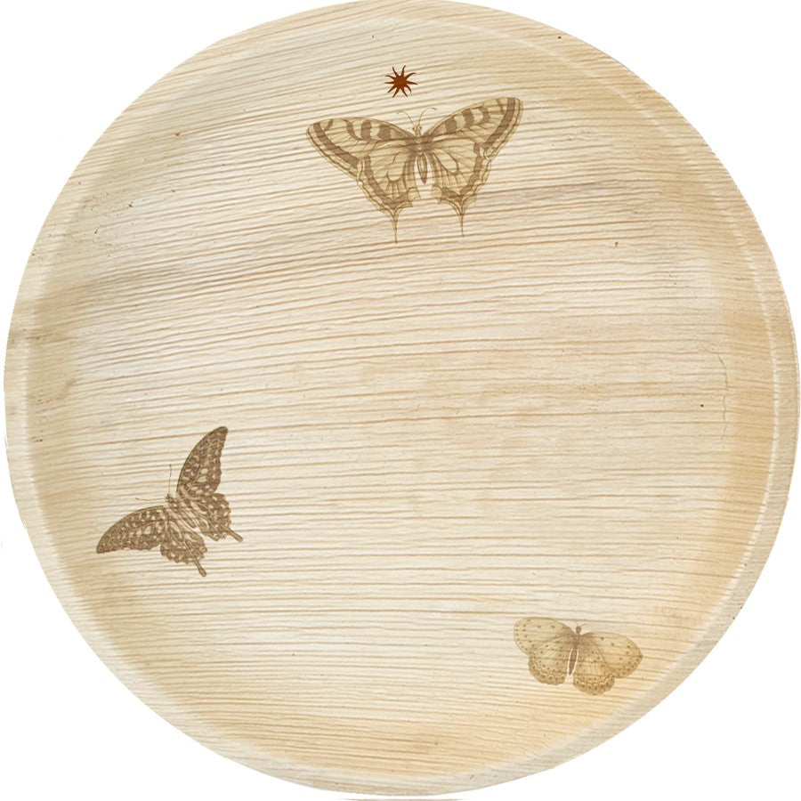 maaterra compostable palm leaf plate with butterfly wreath design on a white background