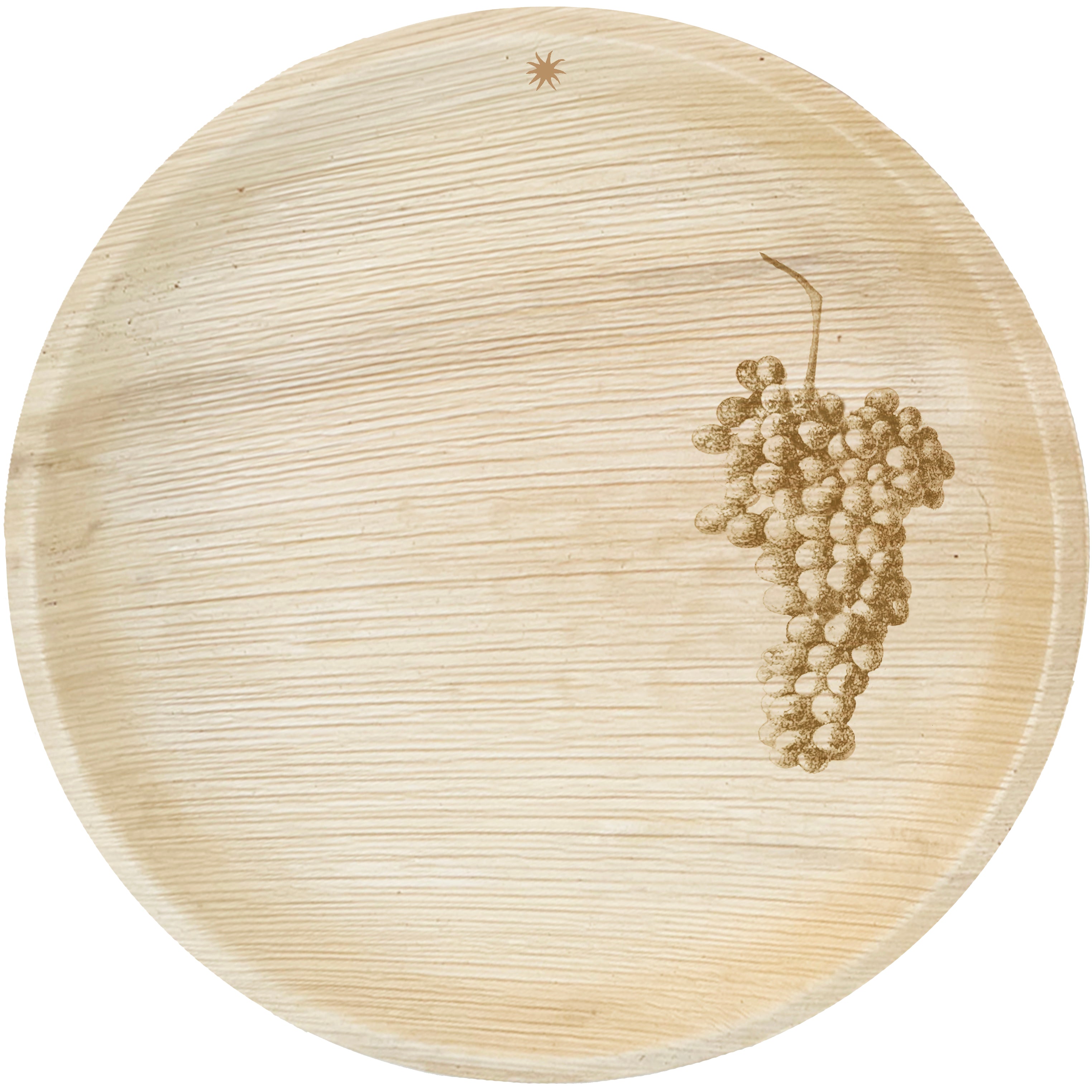 maaterra compostable palm leaf plate with grapes design on a white background