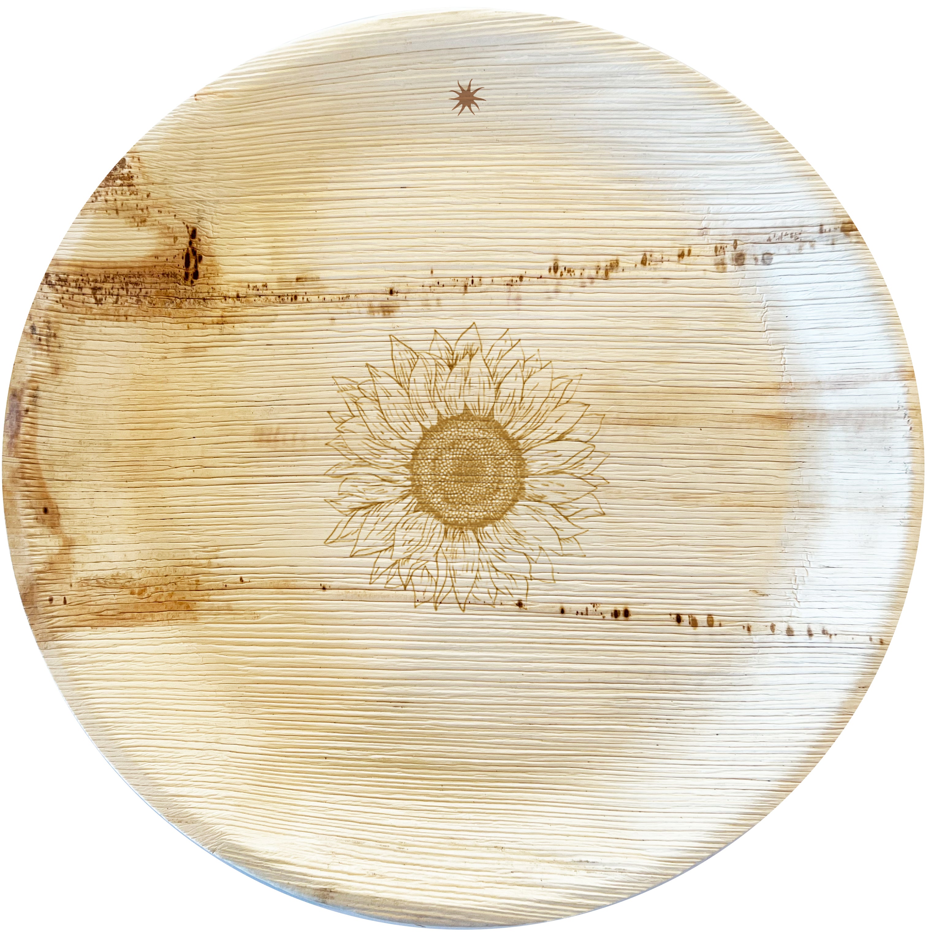maaterra compostable palm leaf plate with sunflower design on a white background