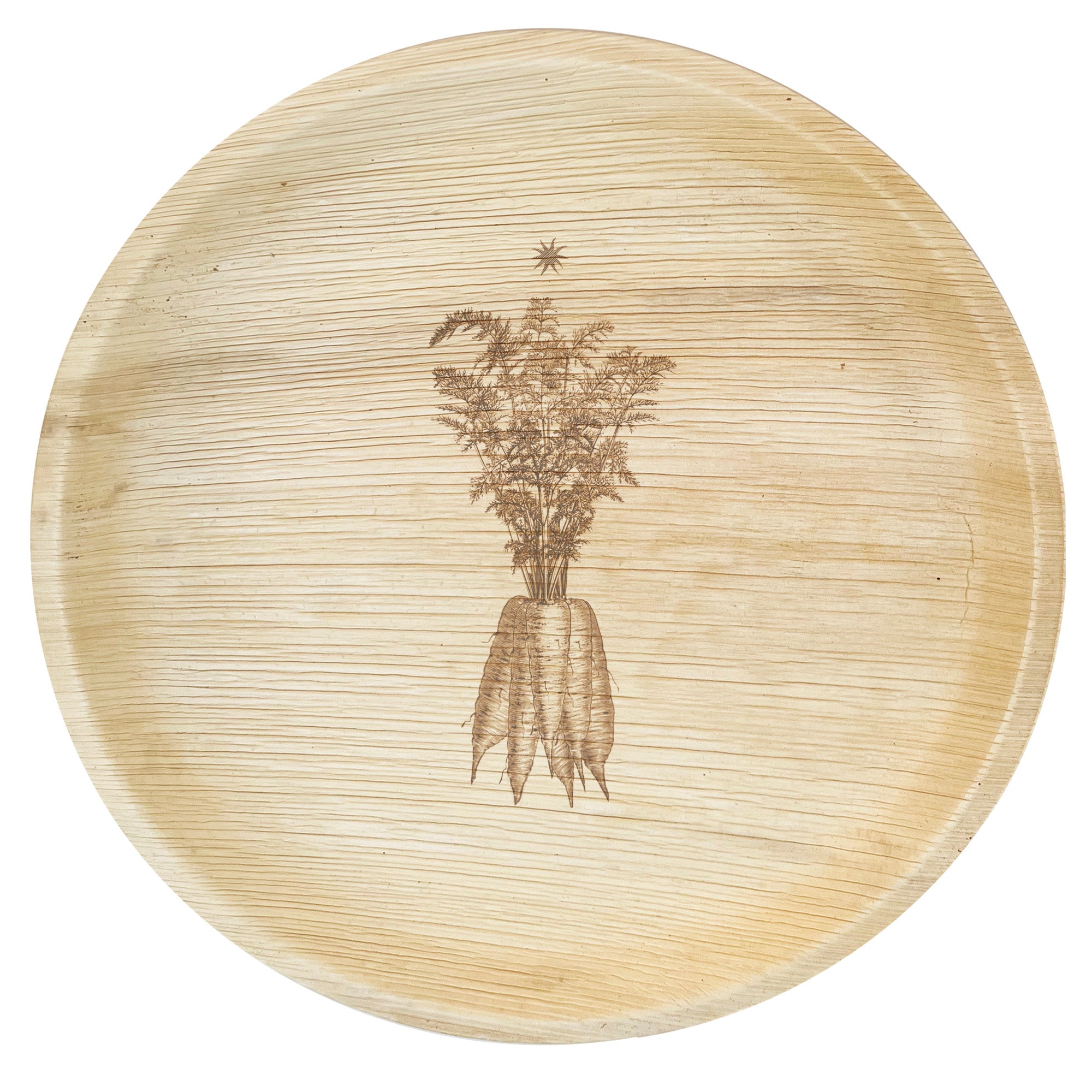 maaterra compostable palm leaf plate with farm carrots design.