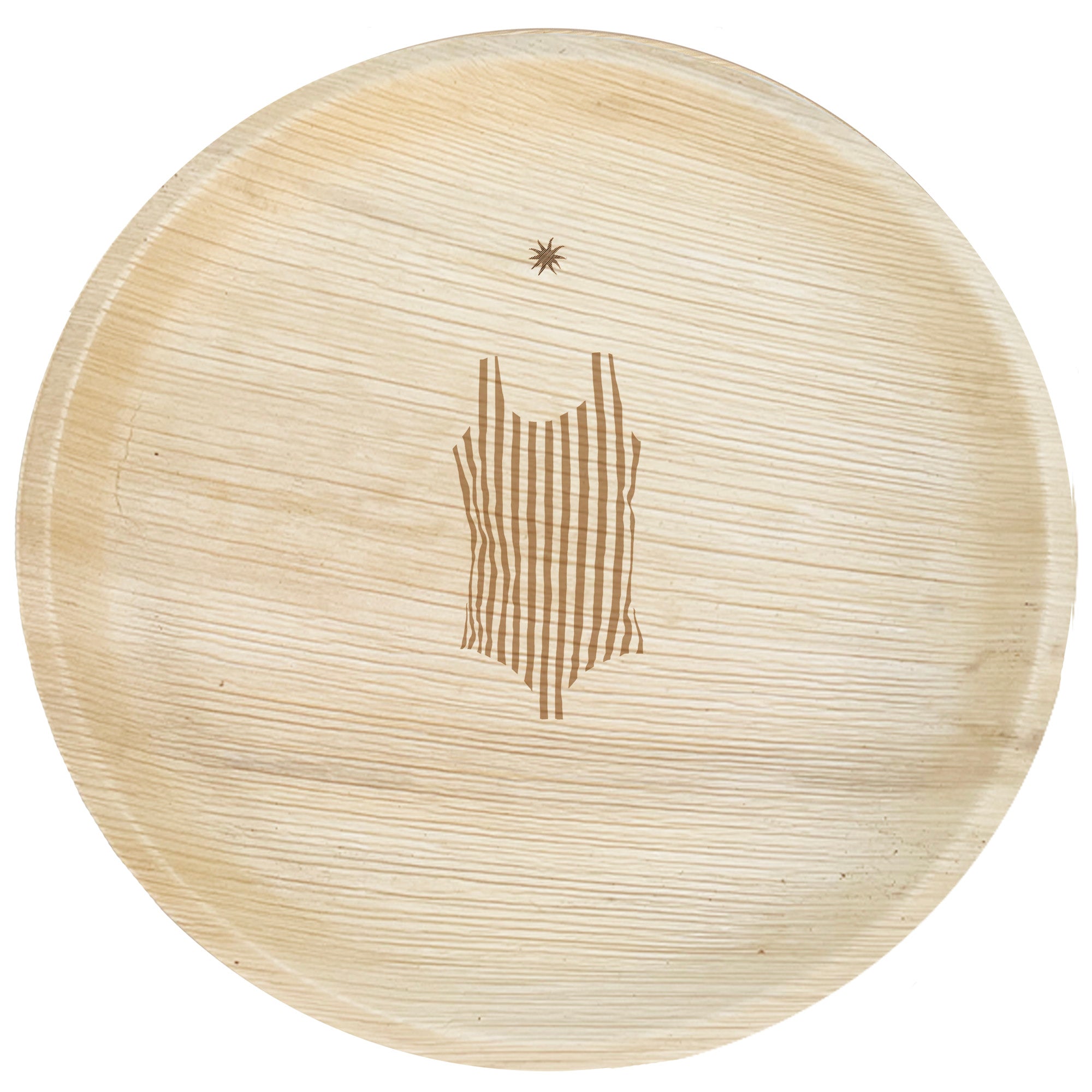 maaterra compostable palm leaf plate with my-o, my-o, maillot design.
