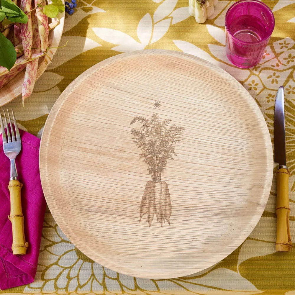 maaterra compostable palm leaf plate with farm carrot design