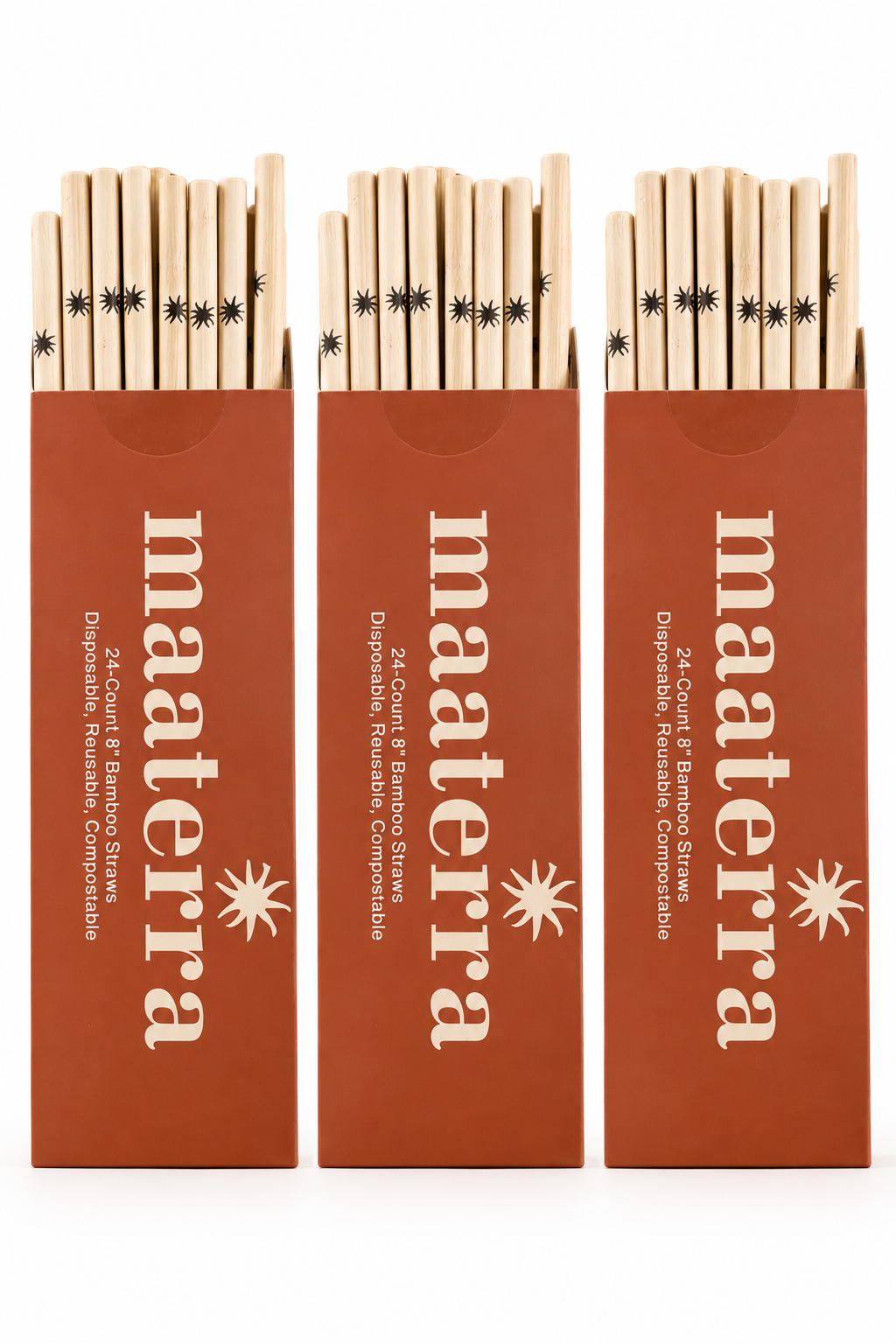 Three packs of maaterra bamboo straws on a white background
