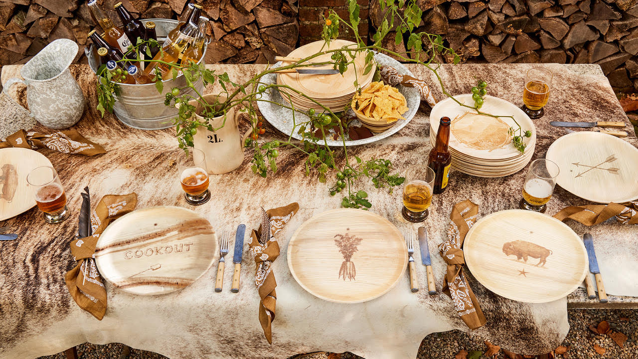 maaterra compostable palm leaf plates on a western-style table setting.