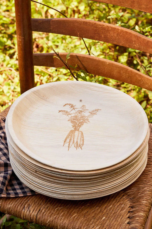 maaterra compostable palm leaf plate with farm carrots design.