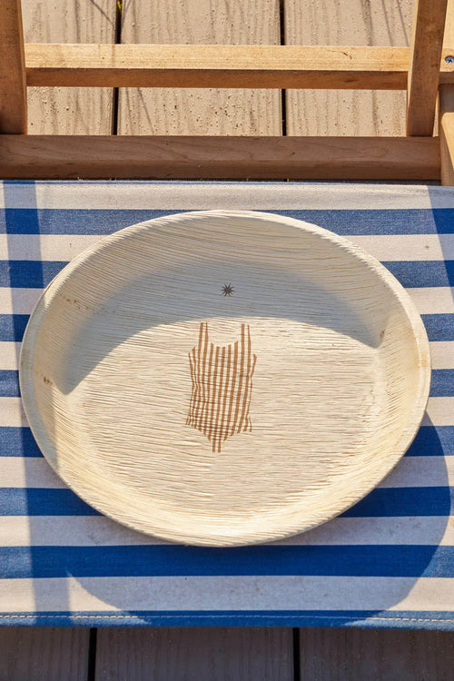 maaterra compostable palm leaf plate with my-o, my-o, maillot design.