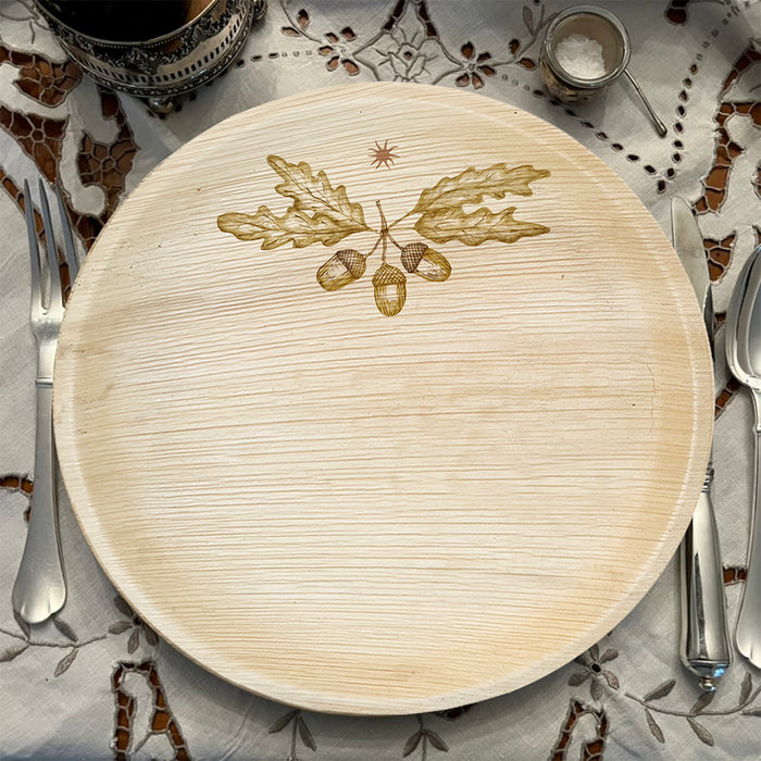 maaterra compostable palm leaf plate with holiday Acorns design.