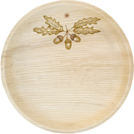 maaterra compostable palm leaf plate with holiday Acorns design.