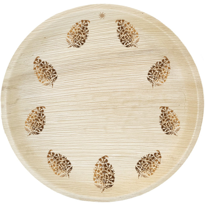 maaterra compostable palm leaf plate with block print wreath design.