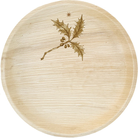 maaterra compostable palm leaf plate with holiday Holly design.