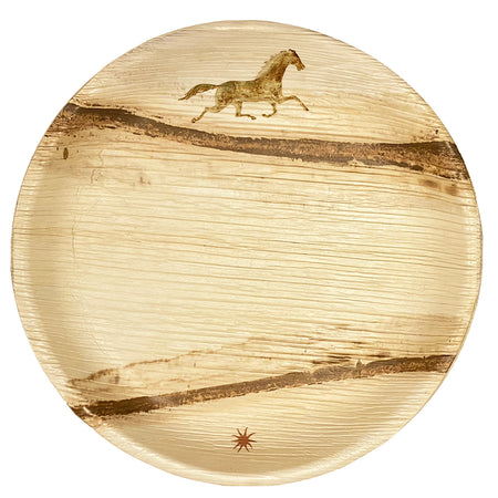 maaterra compostable palm leaf 15 inch round platter with Horse design.