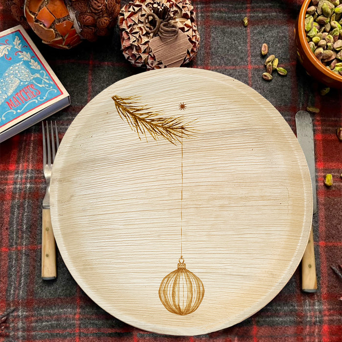 maaterra compostable palm leaf plate with holiday Ornament design.