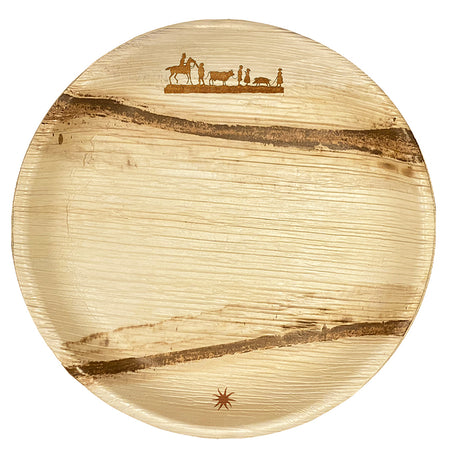 maaterra compostable palm leaf 15 inch round platter with Silhouette design.