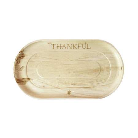 maaterra compostable palm leaf platter with THANKFUL design.