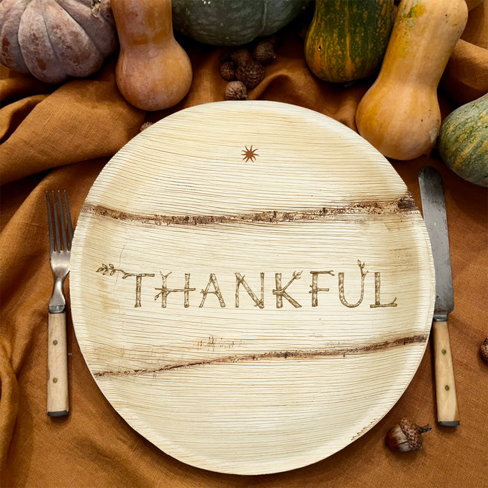 maaterra compostable palm leaf plate with holiday THANKFUL design.