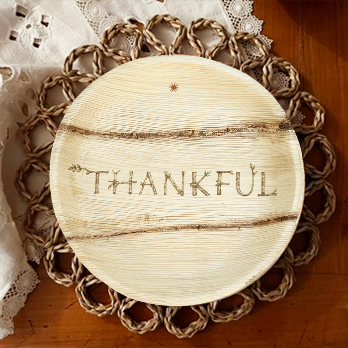 maaterra compostable palm leaf plate with holiday THANKFUL design.