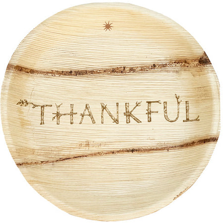 maaterra compostable palm leaf plate with holiday THANKFUL design.