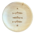 maaterra compostable palm leaf plate with stacked fish design.
