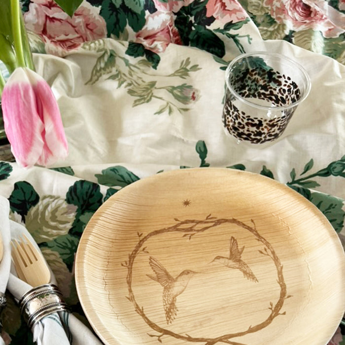 maaterra compostable cup with classic tortoise design on a table setting with a maaterra plate