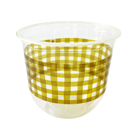 maaterra compostable cup with moss gingham design on a white background