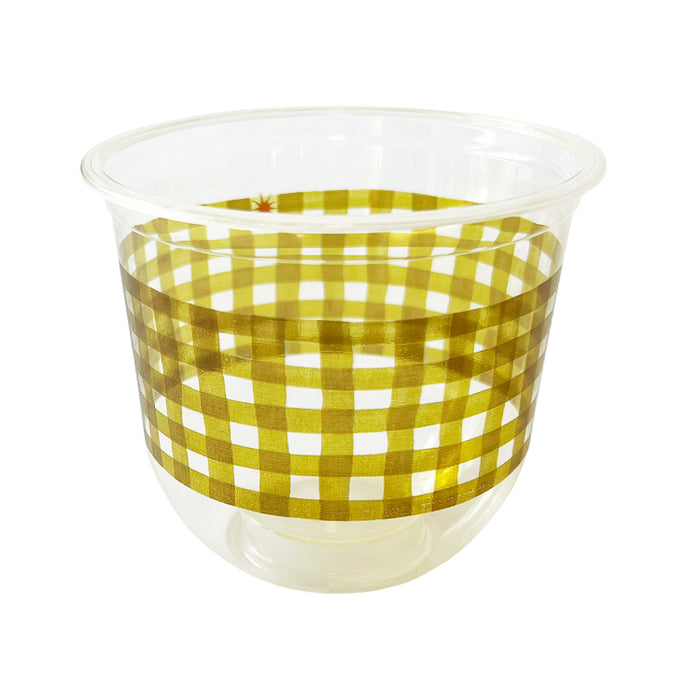 maaterra compostable cup with moss gingham design on a white background