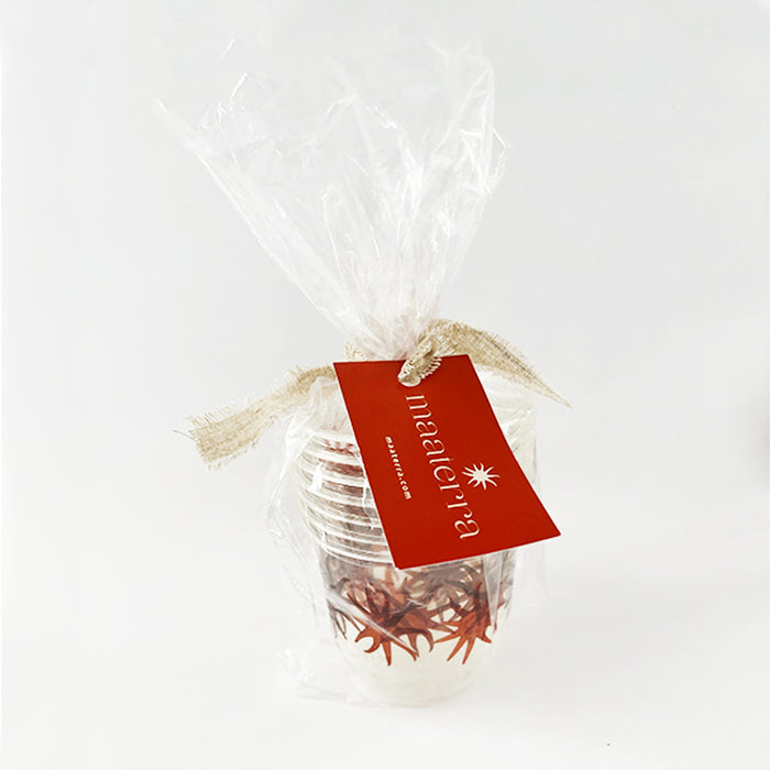 maaterra compostable cups with maaterra sun in 8-count packaging