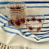 maaterra compostable cups with maaterra sun on a blue and white tablecloth
