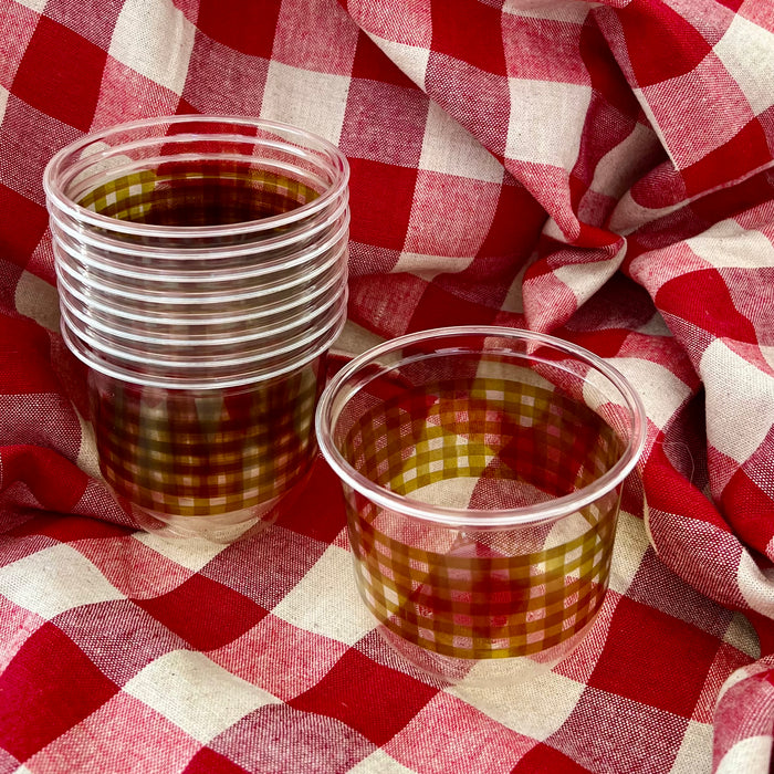 maaterra compostable cups with moss gingham design on a gingham background