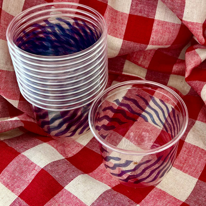 maaterra compostable cups with ocean waves design on gingham tablecloth