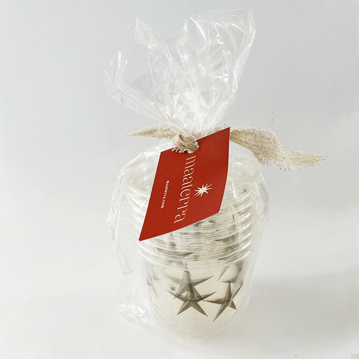maaterra compostable cups with treasured star design featured in 8-count packaging