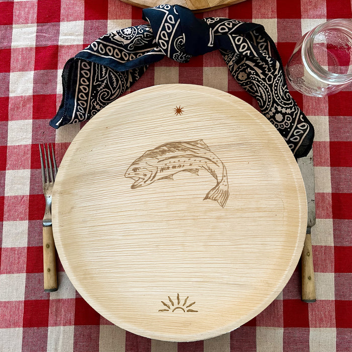 maaterra compostable cups with trout design featured on gingham tablecloth