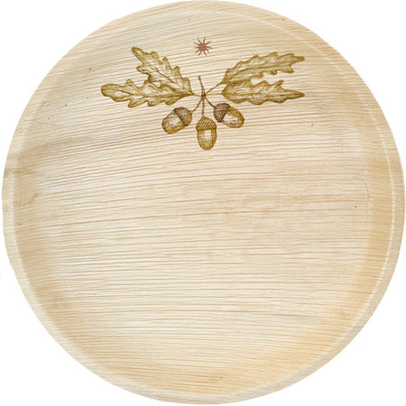 maaterra compostable palm leaf plate with acorns design on white background