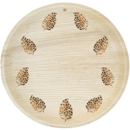 maaterra compostable palm leaf plate with block print wreath design on a white background
