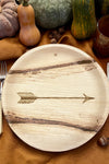 maaterra compostable palm leaf plate with single arrow design on a table setting with fall theme