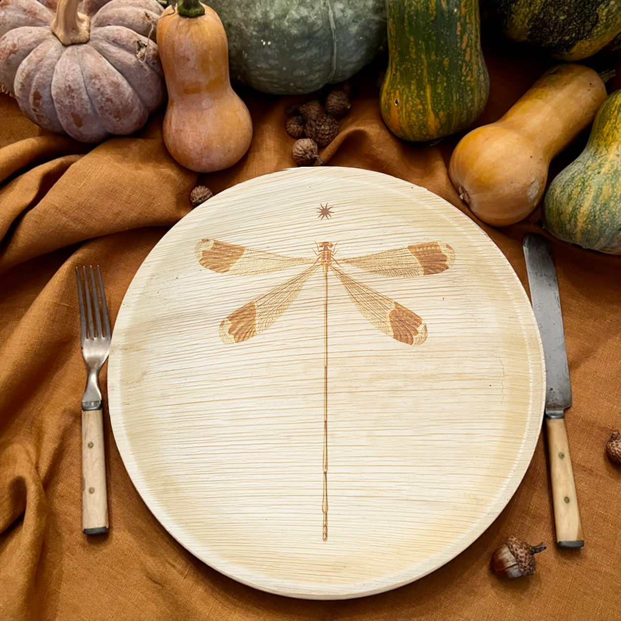 maaterra compostable plate with dragonfly design on a fall-inspired table