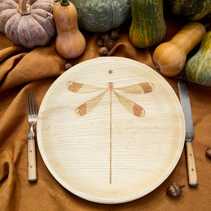 maaterra compostable plate with dragonfly design on a fall-inspired table