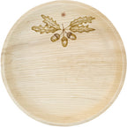 White background. maaterra compostable palm leaf plate with acorns design on white background