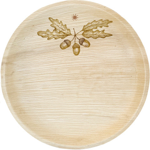 White background. maaterra compostable palm leaf plate with acorns design on white background