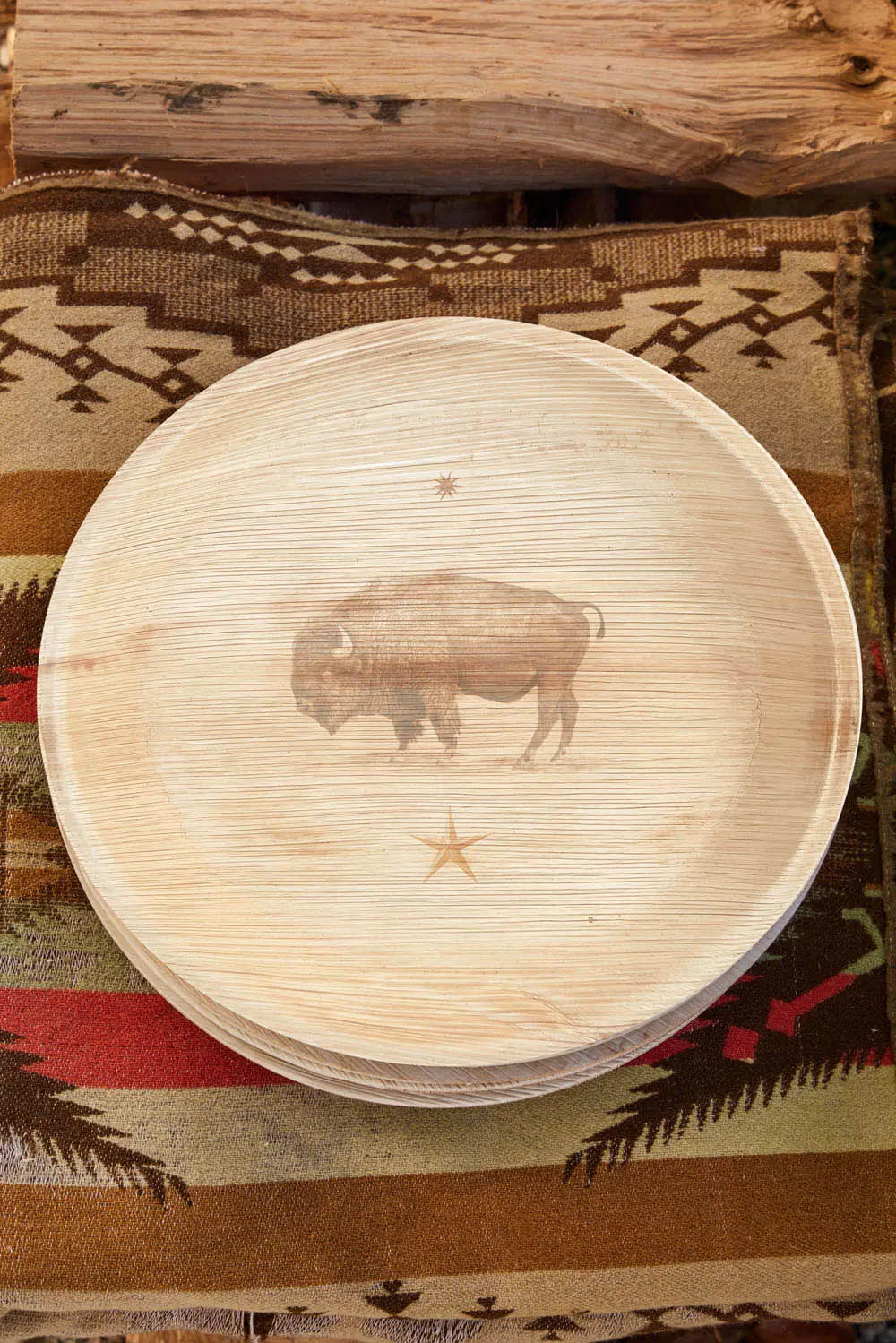 maaterra compostable palm leaf plate with American bison design.