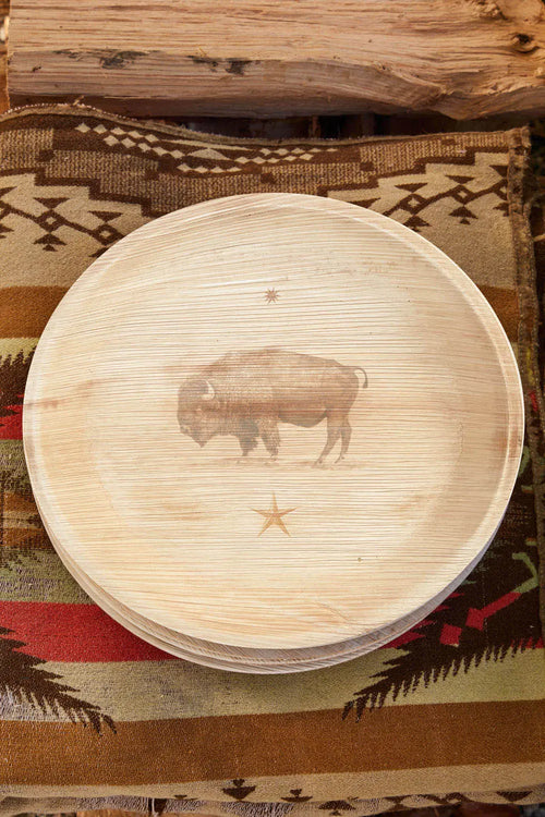 maaterra compostable palm leaf plate with American bison design.