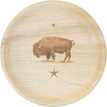 White background. maaterra compostable palm leaf plate with american bison design.