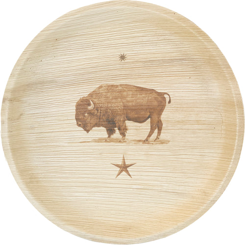 White background. maaterra compostable palm leaf plate with american bison design.