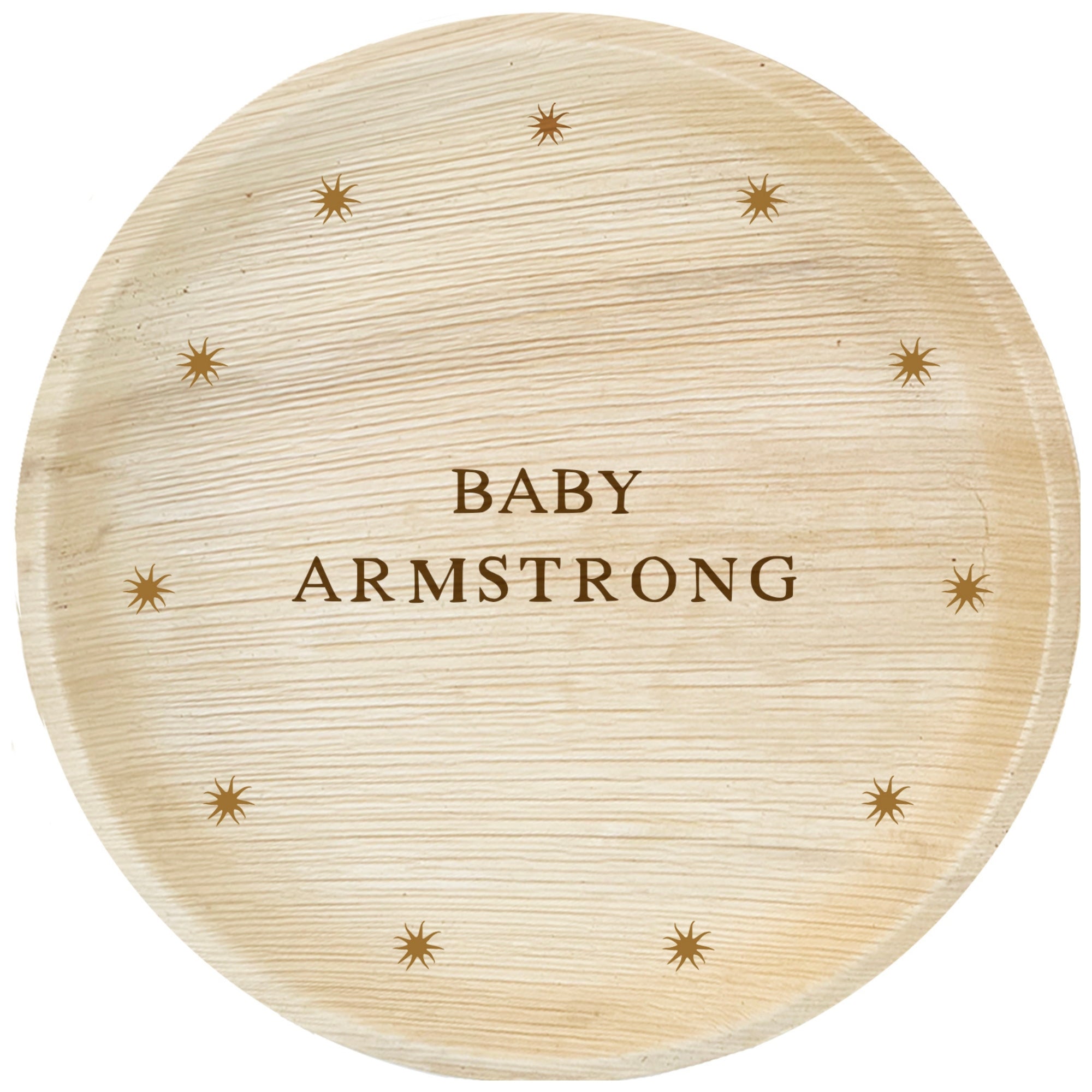 maaterra compostable palm leaf plate with custom baby armstrong engraving on a white background. 