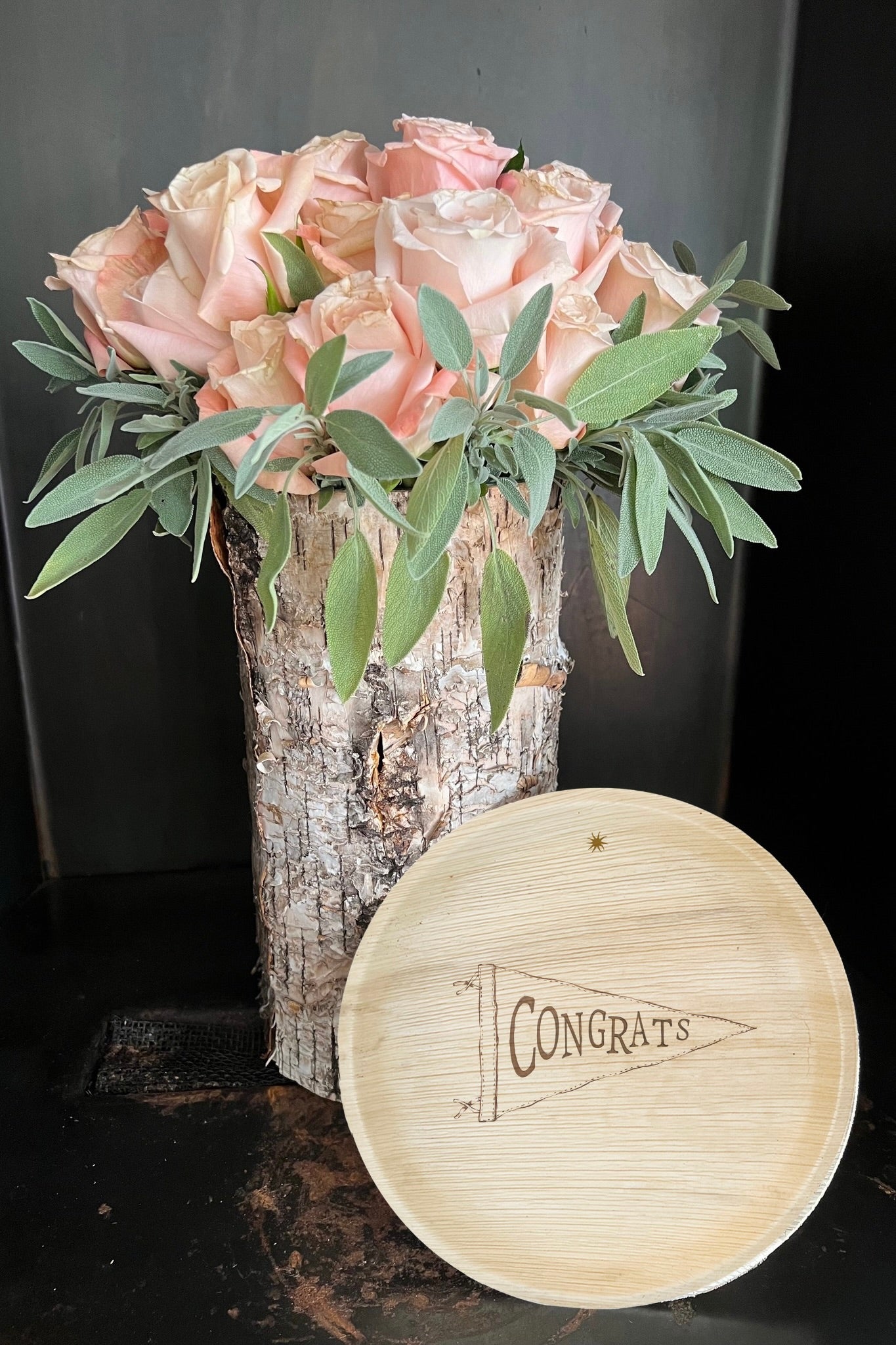 maaterra compostable plates with congrats design.